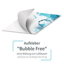 Aufkleber Bubble Free umgeklappt mit Sicht auf die Klebefläche, und die dadurch zu sehende Gewebestruktur. Hier mit Beispieldruck in weiss, türkis und blau mit dem Print Mondo Elefanten Logo. Express Möglichkeit.