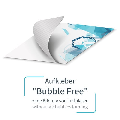 Aufkleber Bubble Free umgeklappt mit Sicht auf die Klebefläche, und die dadurch zu sehende Gewebestruktur. Hier mit Beispieldruck in weiss, türkis und blau mit dem Print Mondo Elefanten Logo. Express Möglichkeit.