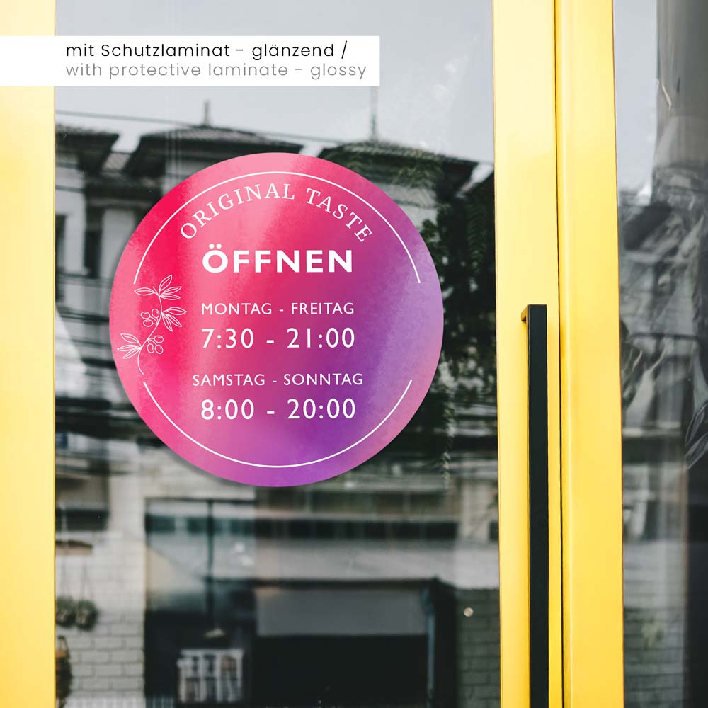 Aufkleber Eco mit glänzendem Schutzlaminat. Das Beispiel zeigt einen rund geschnittenes Motiv, an einem Schaufenster, von außen verklebt. 