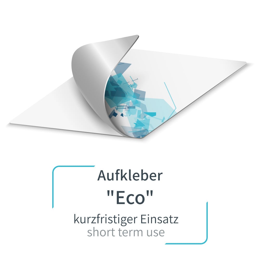 Aufkleber eco aufgeklappt, mit sichtbarer grauer Rückseite. Hier mit Beispieldruck in weiss, türkis und blau mit dem Print Mondo Elefanten Logo. Express Druck möglich.