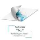 Aufkleber eco aufgeklappt, mit sichtbarer grauer Rückseite. Hier mit Beispieldruck in weiss, türkis und blau mit dem Print Mondo Elefanten Logo. Express Druck möglich.