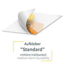 Aufkleber Standard umgeklappt mit Blick auf die weiße Klebeseite. Hier mit Beispieldruck in weiss, türkis und blau mit dem Print Mondo Elefanten Logo. Express Druck auf Wunsch möglich.