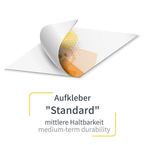Aufkleber Standard umgeklappt mit Blick auf die weiße Klebeseite. Hier mit Beispieldruck in weiss, türkis und blau mit dem Print Mondo Elefanten Logo. Express Druck auf Wunsch möglich.