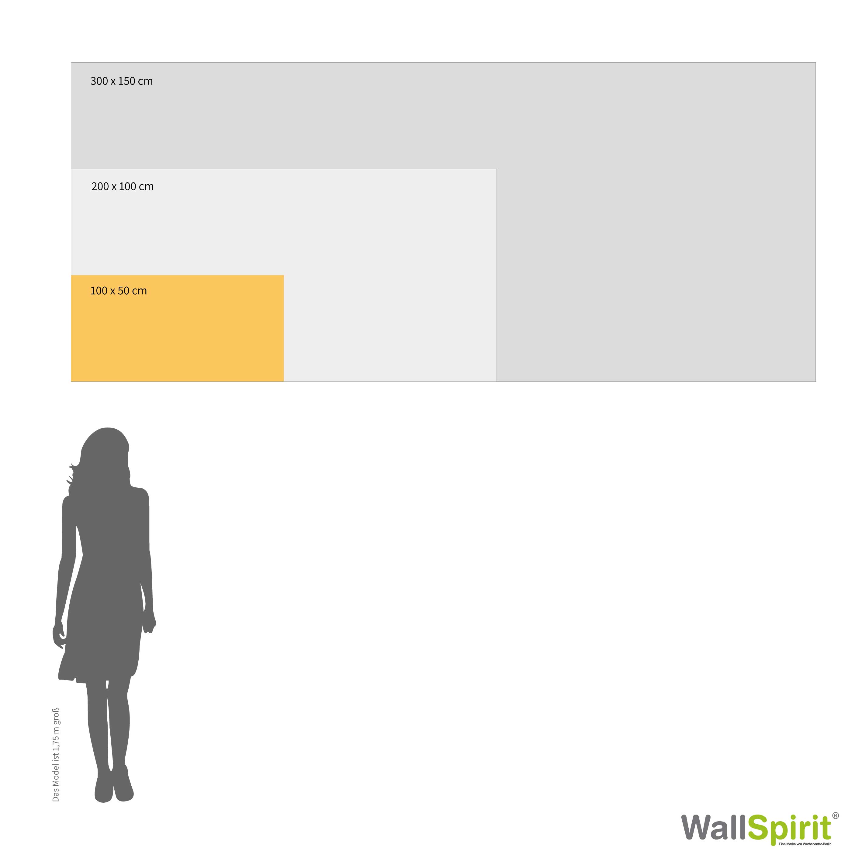 Größenvergleich verschiedener Banner-Druckformate (100 x 50 cm, 200 x 100 cm, 300 x 150 cm) mit einer 1,75 m großen Silhouette zur besseren Veranschaulichung der Dimensionen.
