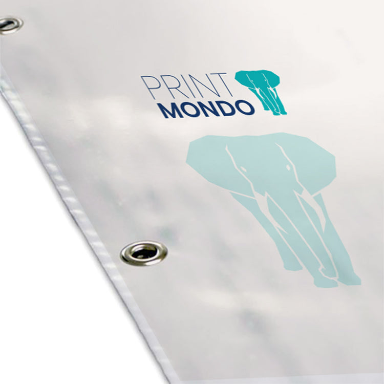 Detailansicht von einem Werbebanner aus PVC, mit Saum und Öse. Hier mit Beispieldruck in weiss, türkis und blau mit dem Print Mondo Elefanten Logo.