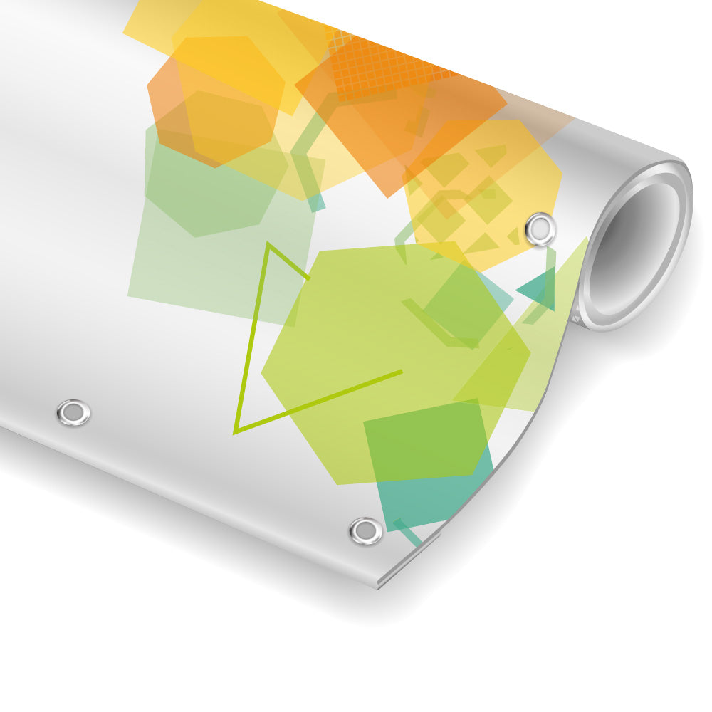 PVC Banner mit Saum und Ösen, eingerollt, in weiss, hier mit einem Beispieldruck in türkis/ blau mit dem Print Mondo Elefanten Logo.