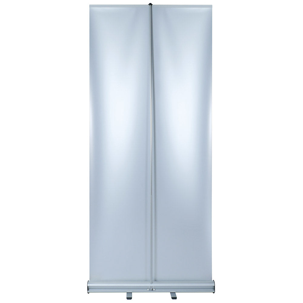 Doppelseitiges Roll-Up-Display mit silbernem Gehäuse und lichtdurchlässiger Bespannung, ideal für Messen und Präsentationen. Ansicht ist von hinten mit Befestigungsansicht.