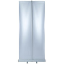 Doppelseitiges Roll-Up-Display mit silbernem Gehäuse und lichtdurchlässiger Bespannung, ideal für Messen und Präsentationen. Ansicht ist von hinten mit Befestigungsansicht.
