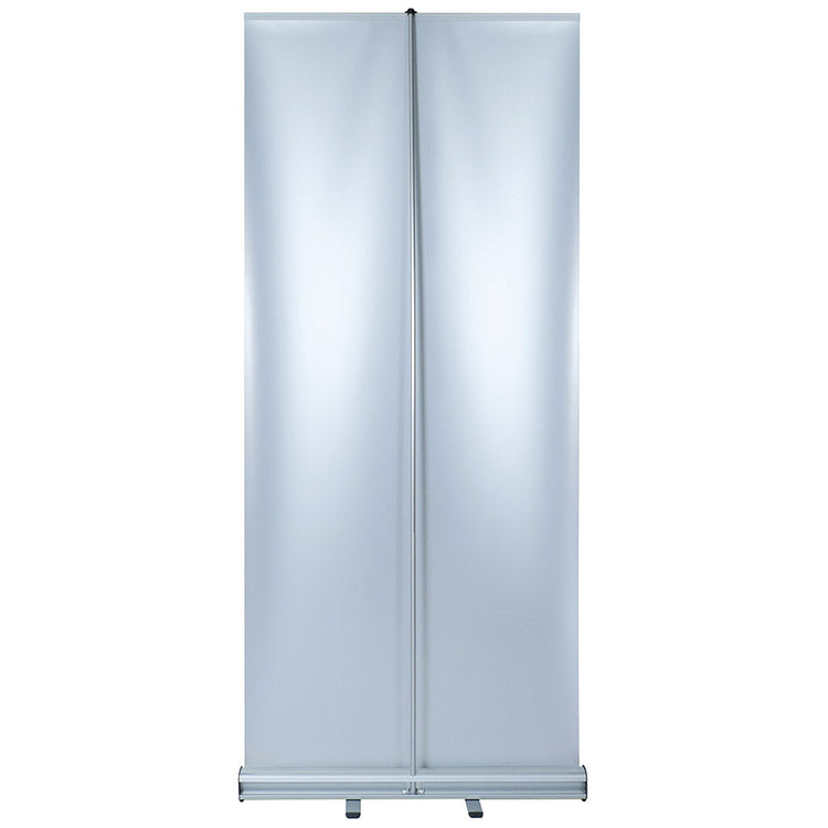 Rollup Hinteransicht von einem aufgestellten Display mit sichtbarer Stange und aufgestellte Füsse.