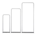 Ansicht von drei Größen des Zipper Banners aus Aluminium ohne Druck. Sict nur auf den Rahmen und die Bodenplatte