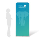 Frontansicht des Zipper Banners mit farbigem Print Mondo Motiv und Schattenperson für Größenvergleich. 