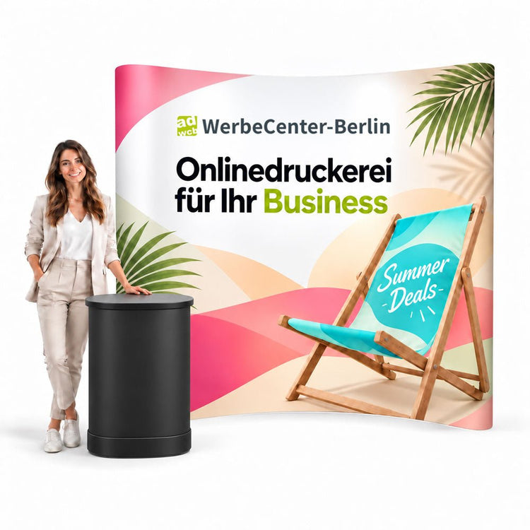 Gebogene Pop-Up Wand inkl. Druck & Transportkoffer