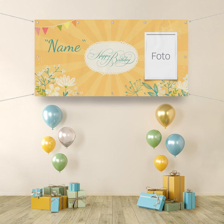 Geburtstagsbanner "Floral" mit Ballons und Geschenken