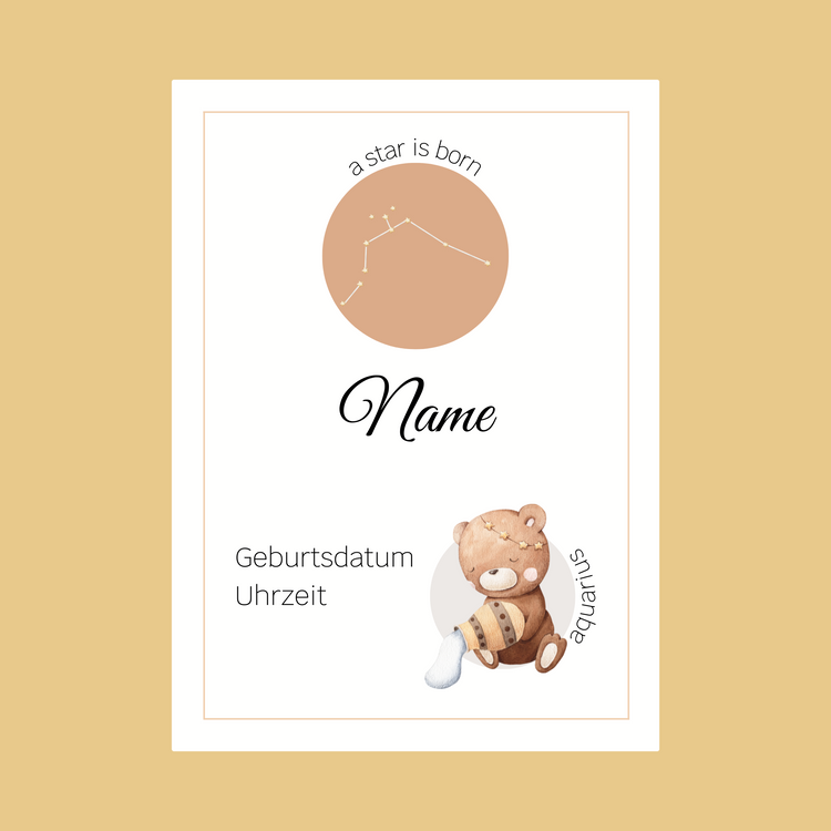Poster personalisieren mit Sternzeichenmotiv, Name, Geburtsdatum. Aquarius