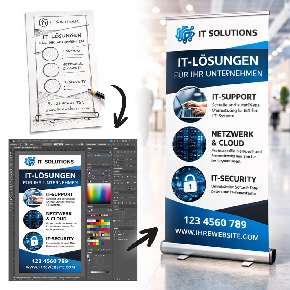 Grafikservice - Beispiel: Sie liefern die Skizze, wir erstellen eine digitale Druckvorlage nach Ihren Wünschen und drucken das gewünschte Produkt.