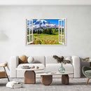 Leinwandbild Fensterblick "Berge und Wildblumen" im Wohnzimmer über Couch