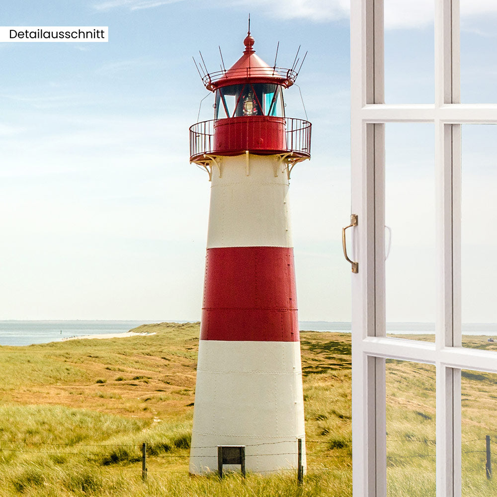Leinwandbild Fensterblick "Strand mit Leuchtturm"