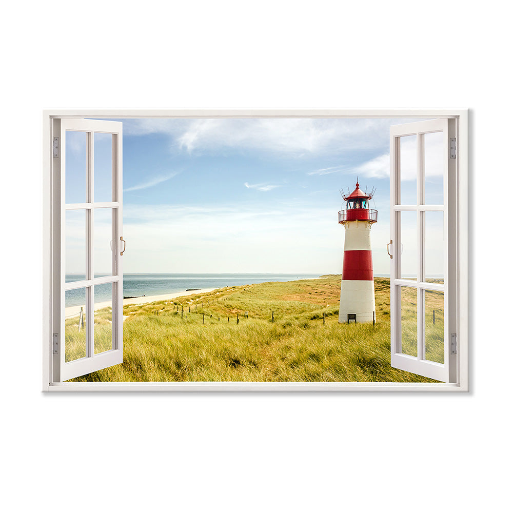 Leinwandbild Fensterblick "Strand mit Leuchtturm"