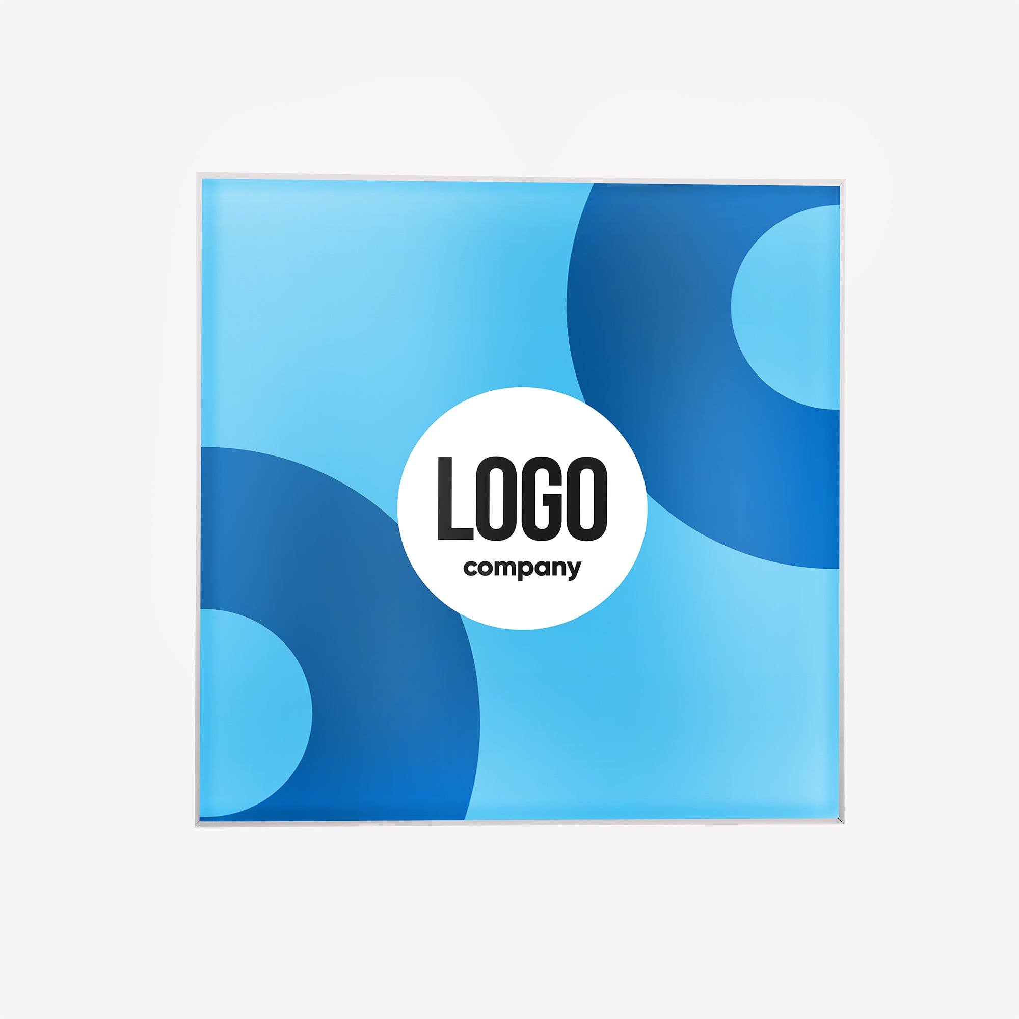 Ein moderner Leuchtrahmen mit abstraktem, blauem Hintergrunddesign zeigt zentral ein rundes Firmenlogo. Die stilisierte Optik eignet sich ideal für den Einsatz in Büros, Messen oder modernen Werbeflächen.