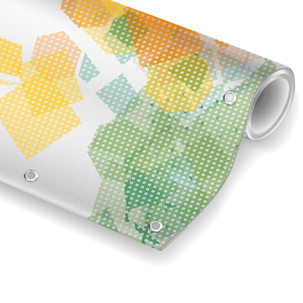 Mesh Banner, mit Saum und Ösen, eingerollt, in weiss, hier mit einem Beispieldruck in türkis/ blau mit dem Print Mondo Elefanten Logo.