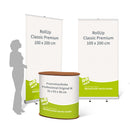 Eventstand Set Starter large mit 2 RollUp 100cm und einer Promotiontheke. Hier mit einem Beispieldruck in weiss und türkis mit dem Print Mondo Elefanten Logo in blau.