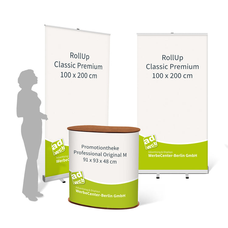 Eventstand Set Starter large mit 2 RollUp 100cm und einer Promotiontheke. Hier mit einem Beispieldruck in weiss und türkis mit dem Print Mondo Elefanten Logo in blau.