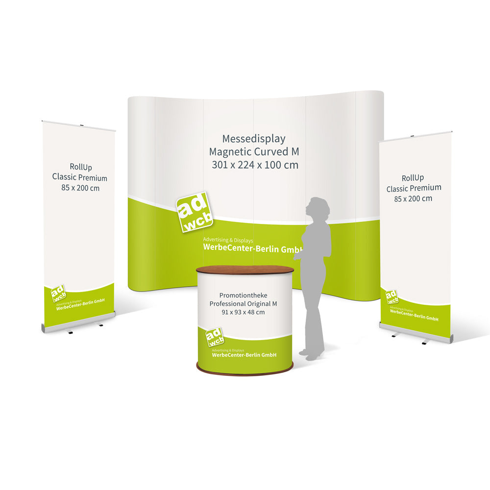 Messe-Set Standard, bestehend aus einem Messedisplay Magnetic Curved M, zwei RollUps Classic Premium und einer Messetheke Professional Original M beim Werbecenter Berlin.