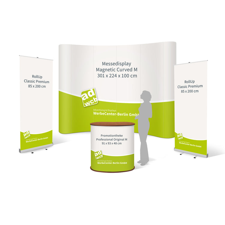 Messe-Set Standard, bestehend aus einem Messedisplay Magnetic Curved M, zwei RollUps Classic Premium und einer Messetheke Professional Original M beim Werbecenter Berlin.