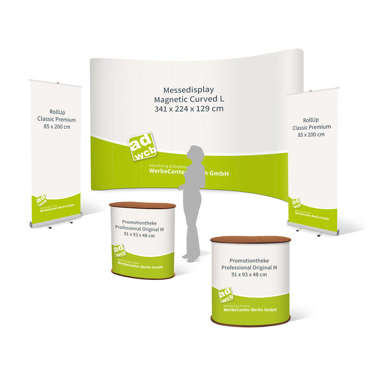 Messe-Set Premium, bestehend aus einem Messedisplay Magnetic Curved L, zwei RollUps Classic Premium und zwei Messetheken Professional Original M bei PrintMondo. Hier mit einem Beispieldruck in weiss und türkis mit dem Print Mondo Elefanten Logo in blau.
