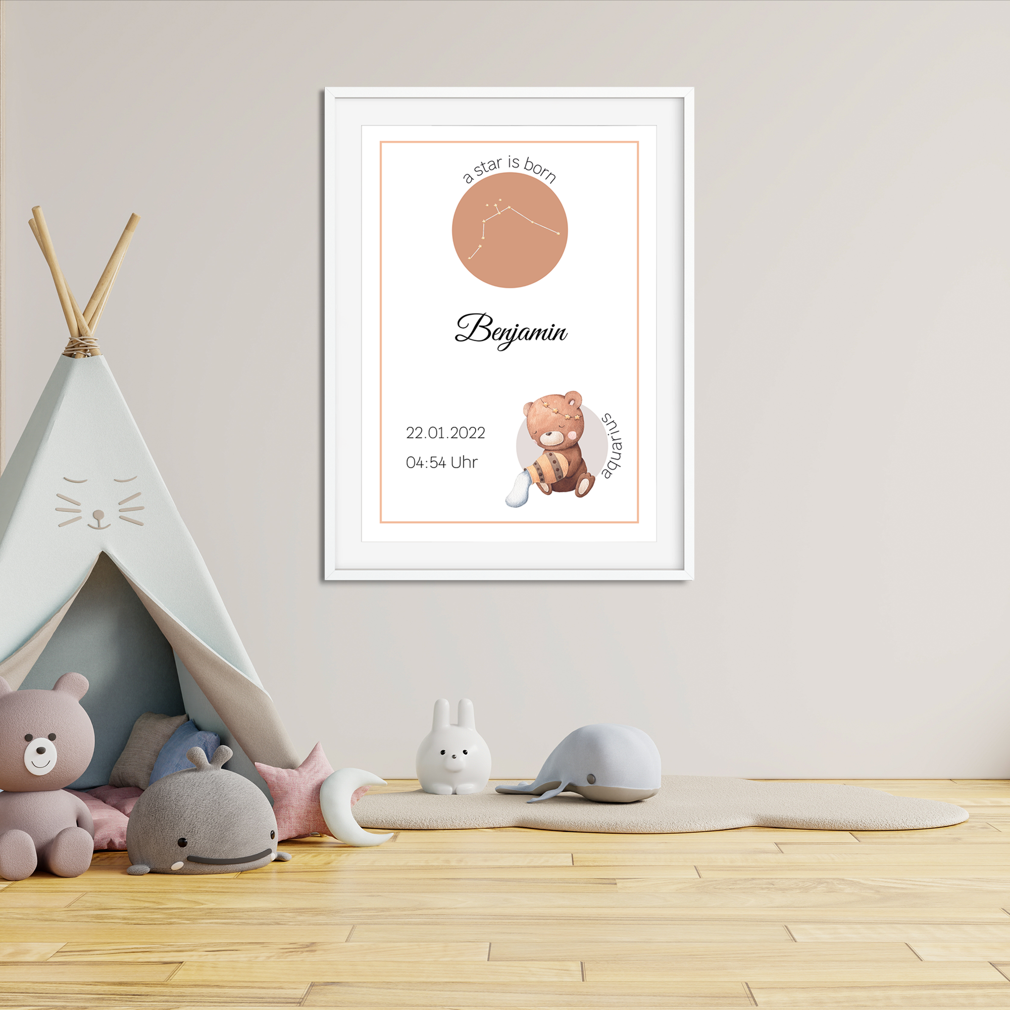 Poster personalisieren mit Sternzeichen Beispiel Wassermann in einem Kinderzimmer.