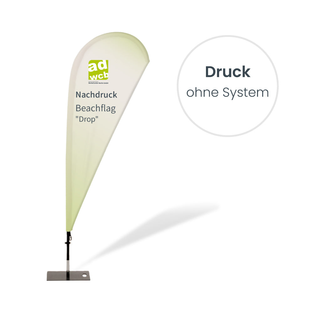 Nachdruck Beachflag Drop ohne System. Hier mit einem Beispieldruck in türkis mit dem weissen Print Mondo Elefanten Logo.