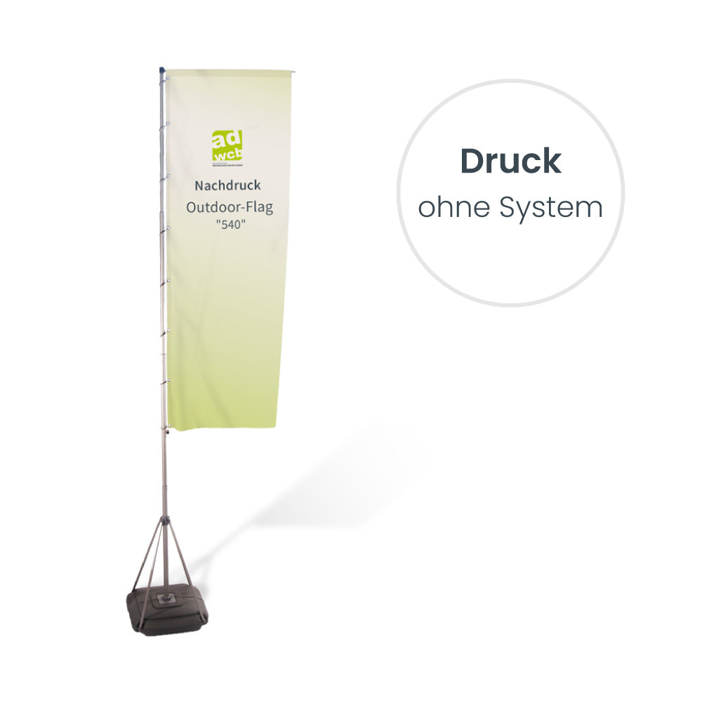 Nachdruck Mega Flag 540 ohne System. Hier mit Beispieldruck in türkis und weiss mit dem Print Mondo Elefanten Logo. Ohne System.