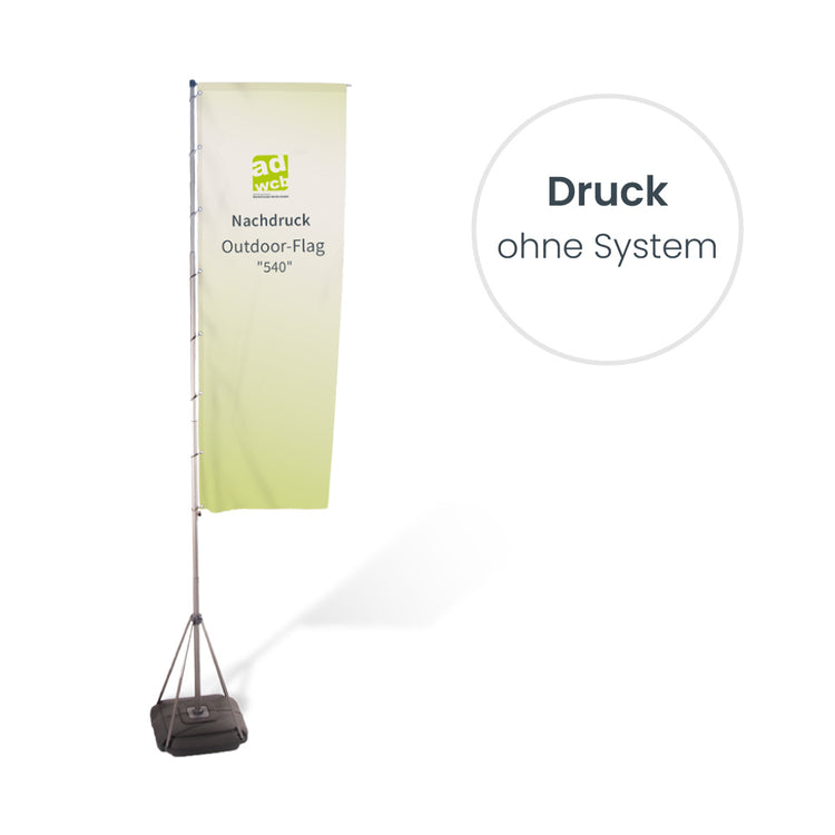 Nachdruck Mega Flag 540 ohne System. Hier mit Beispieldruck in türkis und weiss mit dem Print Mondo Elefanten Logo. Ohne System.