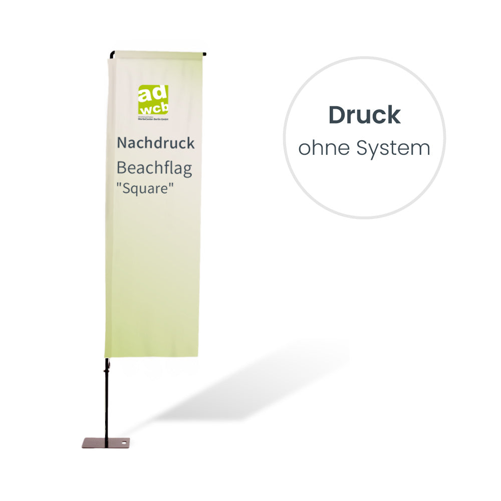 Nachdruck Beachflag Square ohne System. Hier mit einem Beispieldruck in türkis mit dem weissen Print Mondo Elefanten Logo.