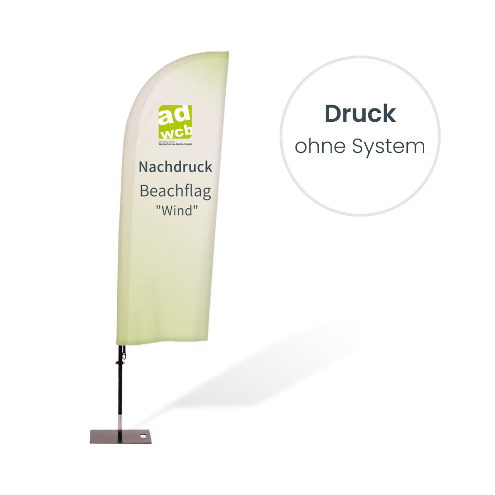 Nachdruck Beachflag Wind ohne System. Hier mit einem Beispieldruck in türkis mit dem weissen Print Mondo Elefanten Logo.
