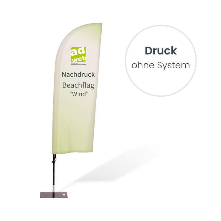 Nachdruck Beachflag Wind ohne System. Hier mit einem Beispieldruck in türkis mit dem weissen Print Mondo Elefanten Logo.