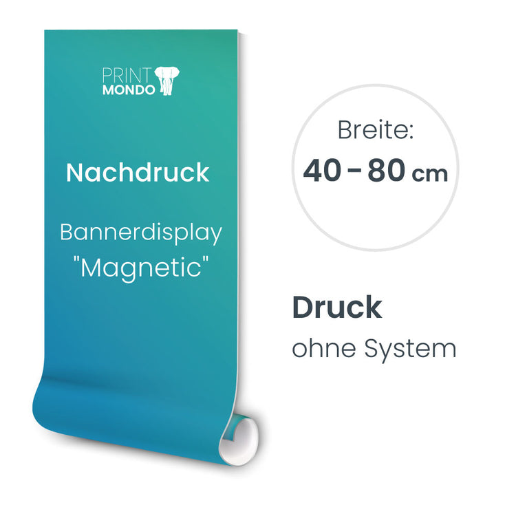 Nachdruck für das Bannerdisplay Magnetic, ohne System, in den Breiten 40 bis 80cm. Hier mit einem Beispieldruck in türkis/ blau mit dem weissen Print Mondo Elefanten Logo.