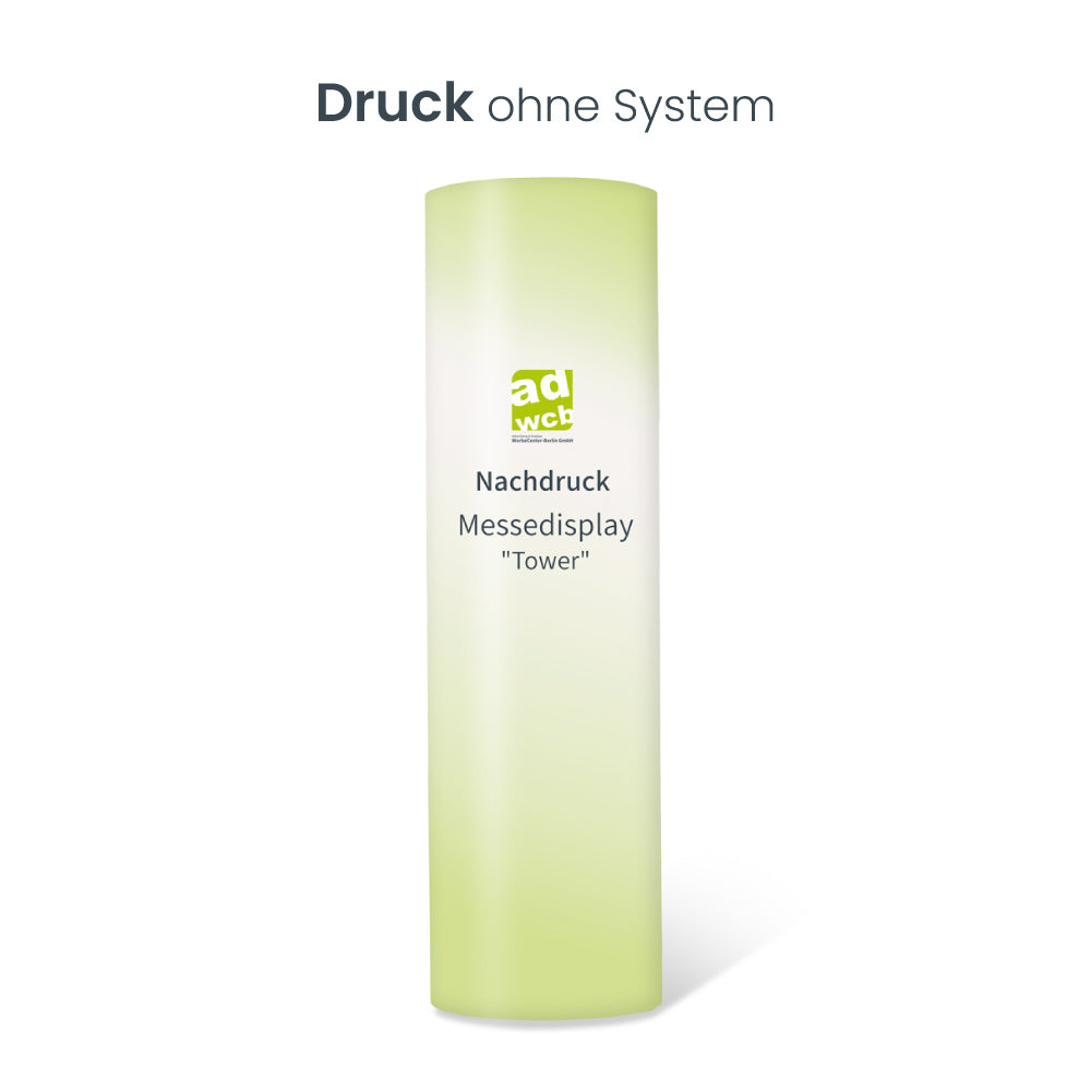 Nachdruck für den Messeaufsteller Tower, ohne System. Hier mit Beispieldruck in türkis und blau mit dem Print Mondo Elefanten Logo.