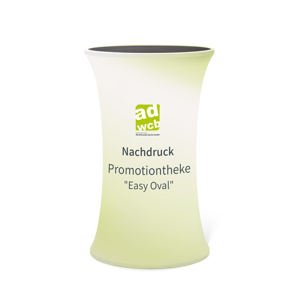 Vergrößerte Darstellung Nachdruck der Promotiontheke Easy Oval mit Beispieldruck in Grün, mit dem Werbecenter-Berlin-Logo.