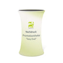 Vergrößerte Darstellung Nachdruck der Promotiontheke Easy Oval mit Beispieldruck in Grün, mit dem Werbecenter-Berlin-Logo.