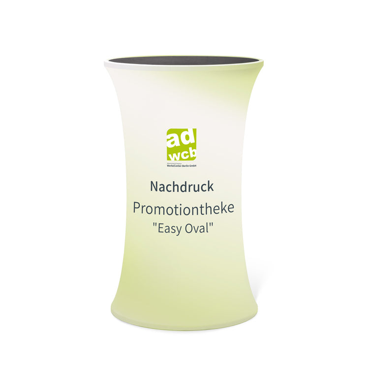 Vergrößerte Darstellung Nachdruck der Promotiontheke Easy Oval mit Beispieldruck in Grün, mit dem Werbecenter-Berlin-Logo.