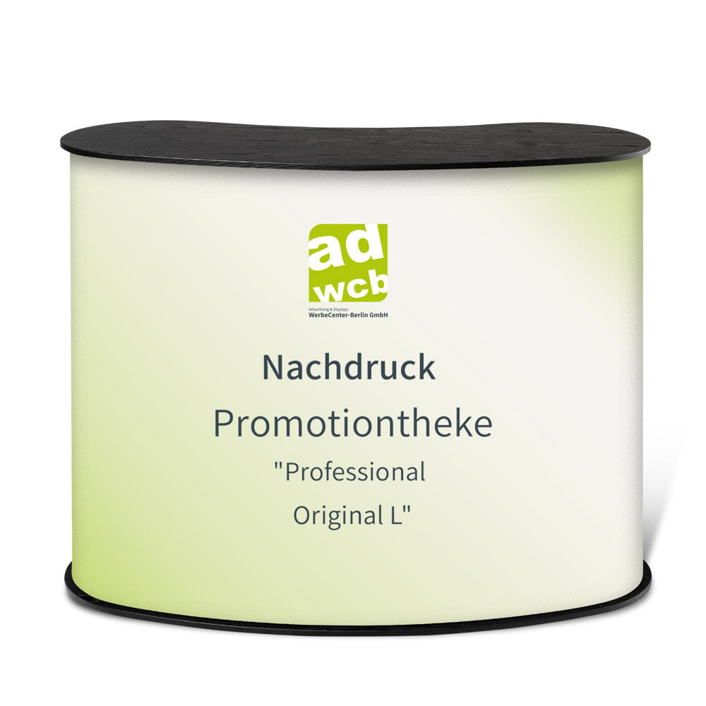 Vergrößerte Darstellung Nachdruck für Promotiontheke Professional L ohne System. Mit Beispieldruck in Grün und dem Werbecenter-Berlin-Logo. Der Hintergrund ist weiss.