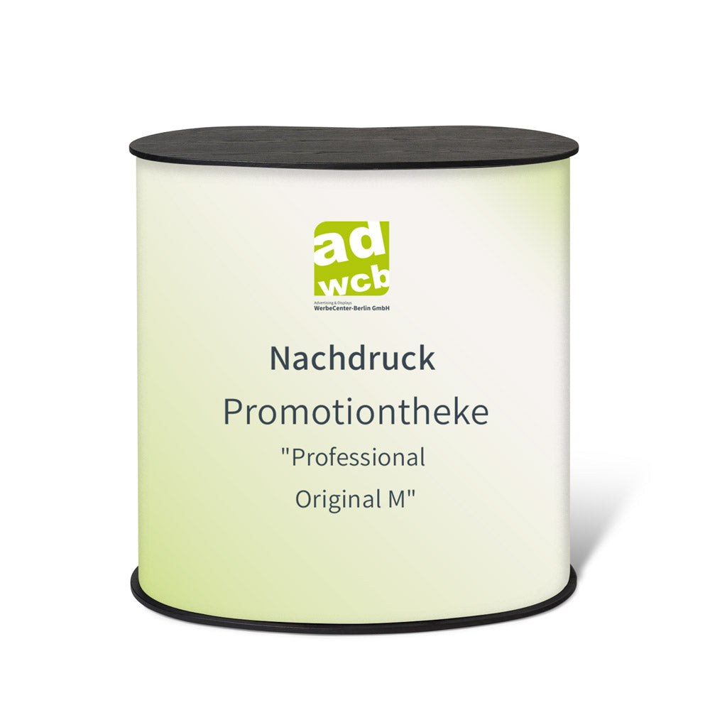 Vergrößerte Darstellung Nachdruck für die Theke Professional Original M ohne System. Mit einem Beispieldruck in Grün mit dem Werbeenter-Berlin-Logo. Der Hintergrund ist weiss.