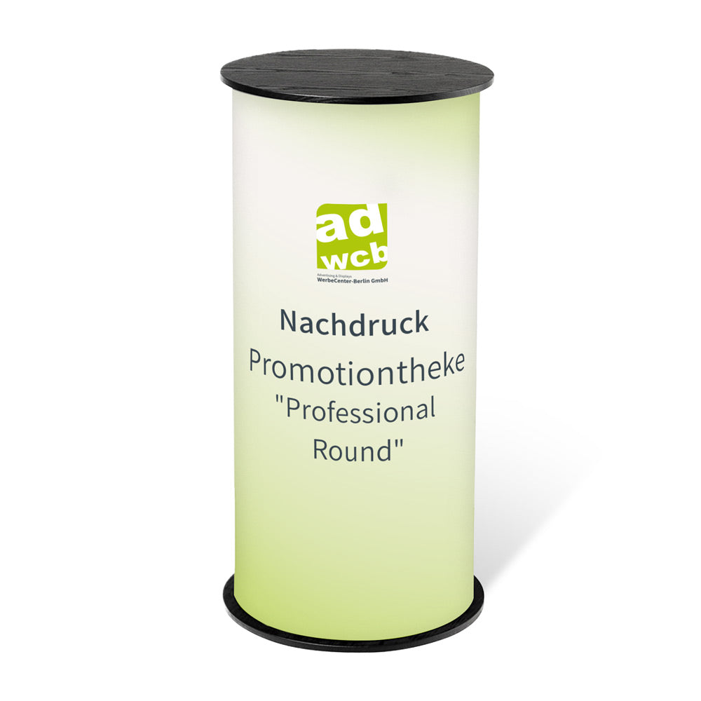 Vergrößerte Darstellung Nachdruck für die Theke Professional Round ohne System. Mit einem Beispieldruck in Grün mit dem Werbeenter-Berlin-Logo. Der Hintergrund ist weiss.