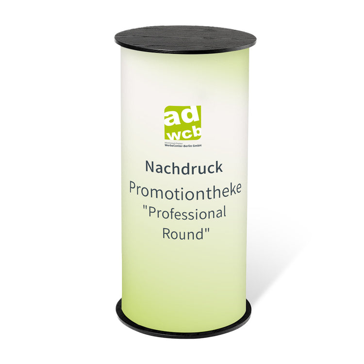 Vergrößerte Darstellung Nachdruck für die Theke Professional Round ohne System. Mit einem Beispieldruck in Grün mit dem Werbeenter-Berlin-Logo. Der Hintergrund ist weiss.