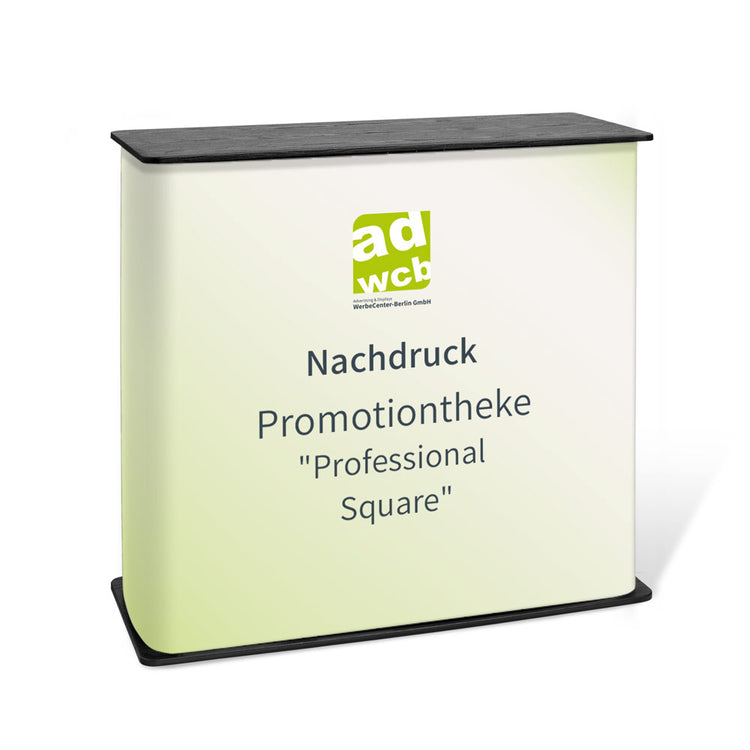Vergrößerte Darstellung Nachdruck für die Theke Professional Square ohne System. Mit einem Beispieldruck in Grün mit dem Werbeenter-Berlin-Logo. Der Hintergrund ist weiss.