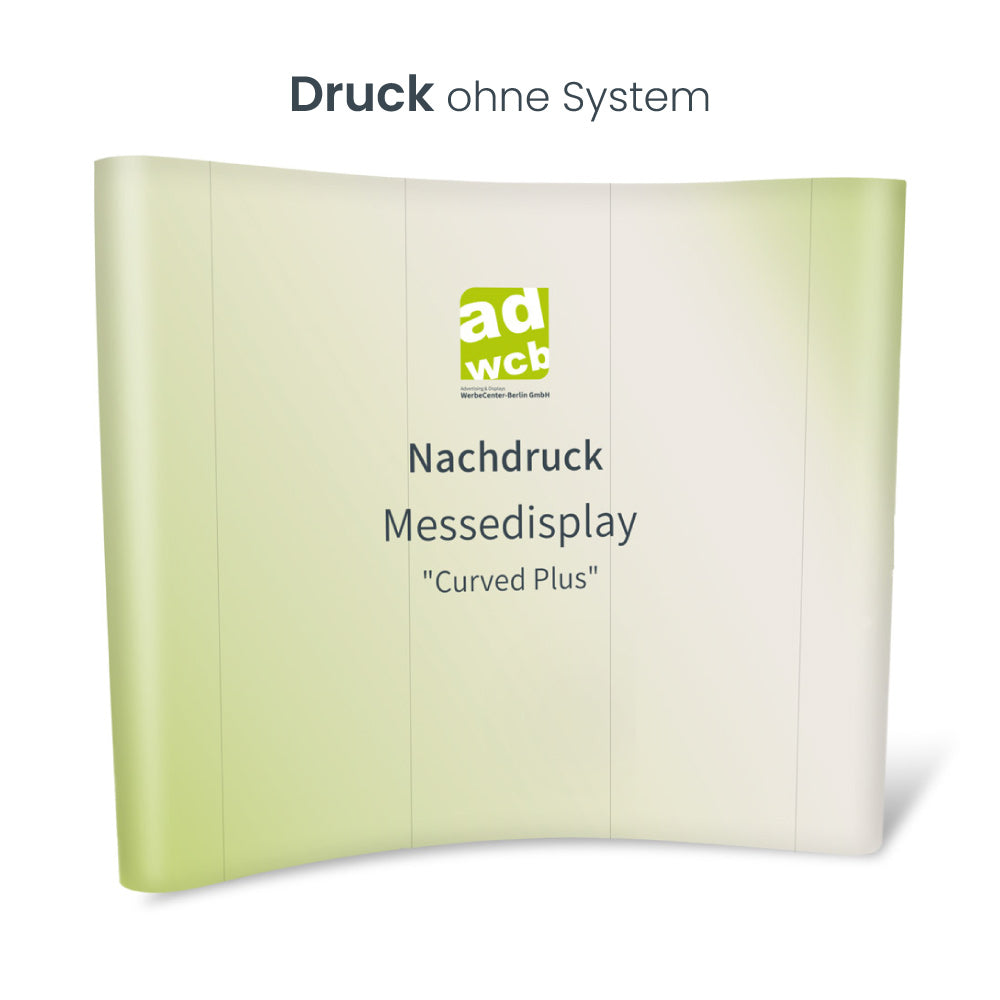 Ersatzdruck für die Messewand Curved Plus. Druck ohne System. Hier mit einem Beispieldruck in türkis/ blau mit dem weissen Print Mondo Elefanten Logo.
