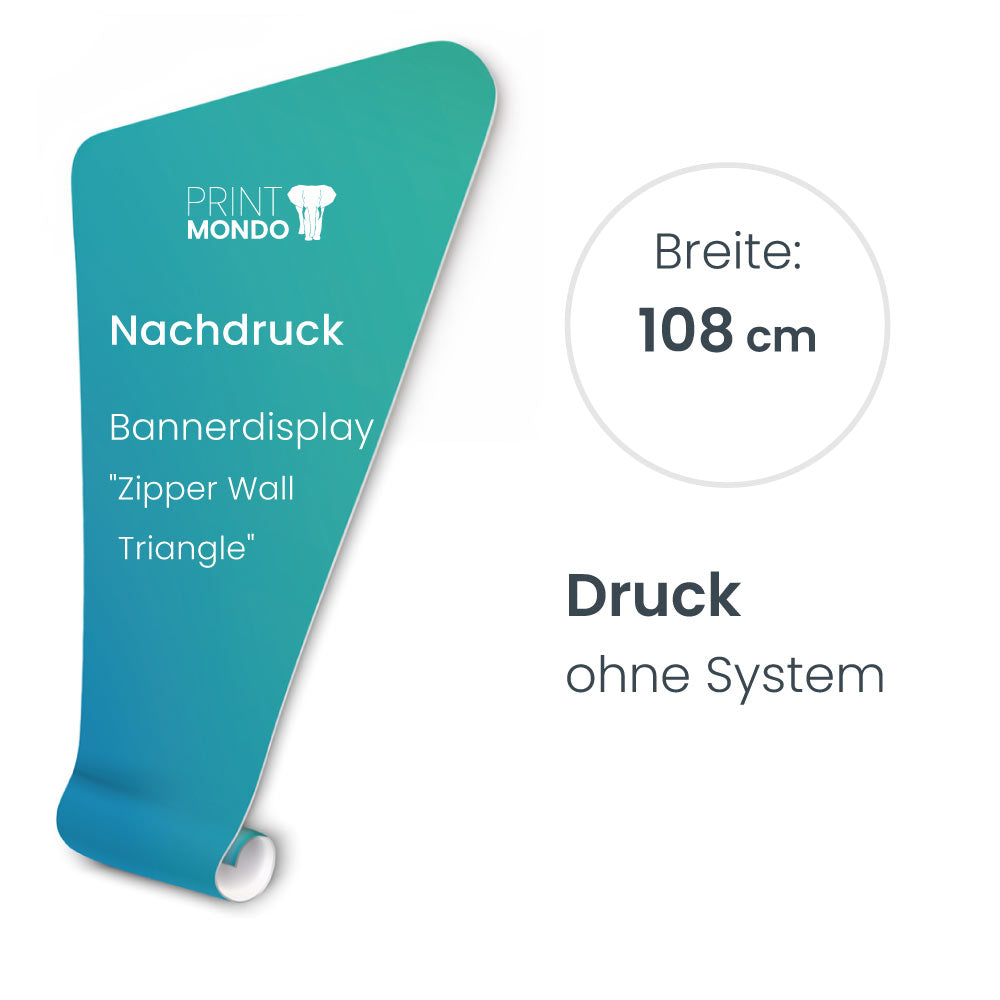 Nachdruck Zipper Banner Triangle ohne Druck. Breite 108cm. Hier mit einem Beispieldruck in türkis/ blau mit dem weissen Print Mondo Elefanten Logo.