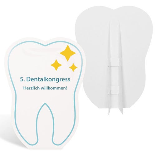 Pappdisplay mit Formschnitt ihres Logos oder ihres Produkts zum Beispiel als Zahn-Wegweiser. Inklusive Druck und Rückenstütze.