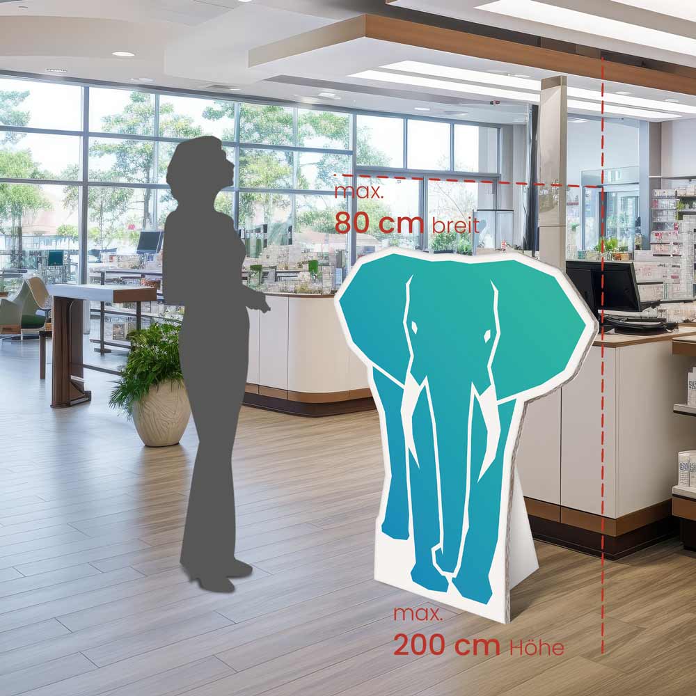 Die Pappfigur erhalten Sie aktuell in 4 Maßen. Das größte maß von 80 x 200cm ist hier im Größenvergleich mit einer Schattenperson dargestellt.